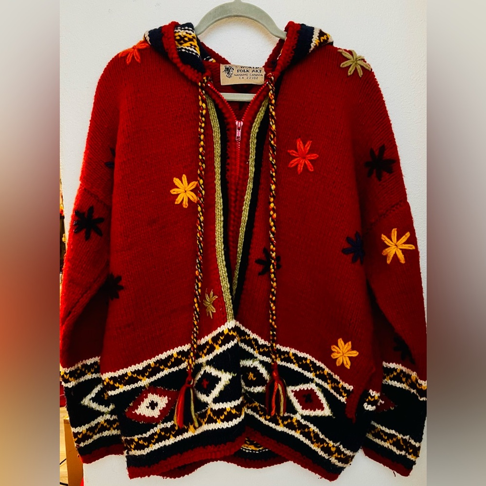 Vibrant Red Cardigan with Decorative Patterns